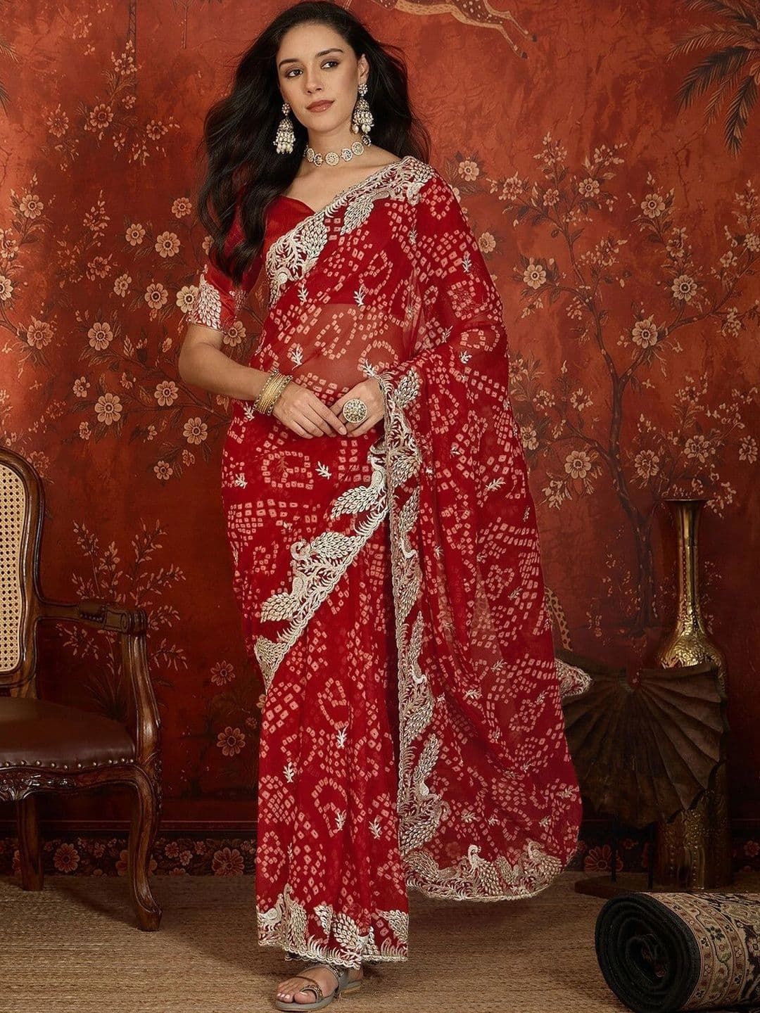 KALINI Bandhani Embroidered Pure Georgette Bandhani Saree - view 1