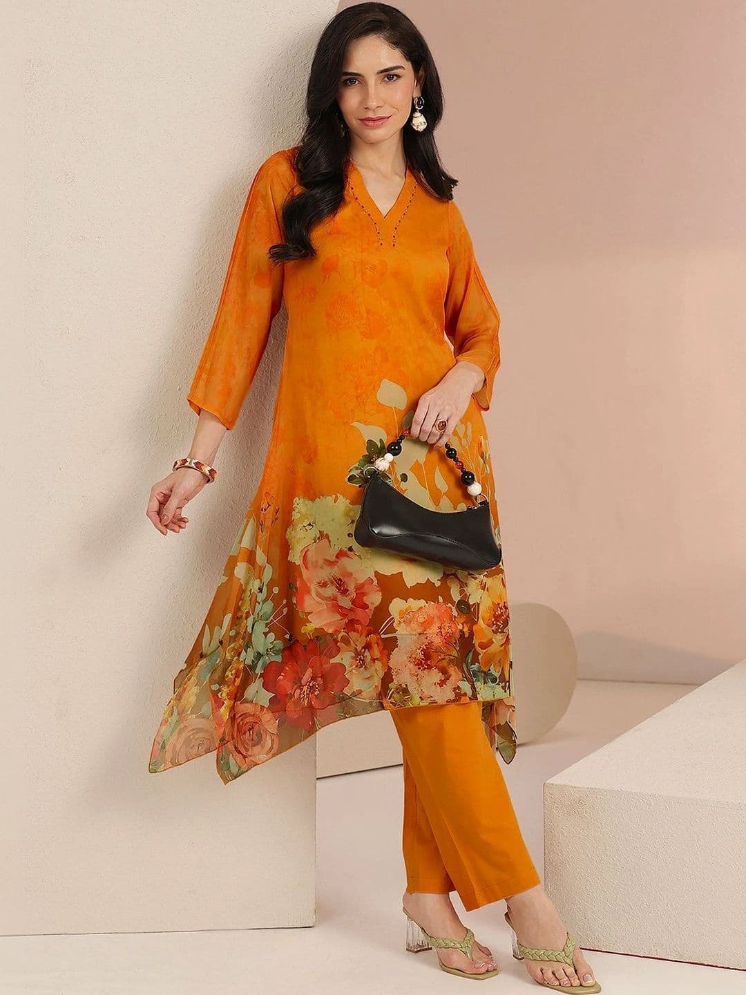 Libas Women Floral Printed Regular Silk Chiffon Kurta with Trousers - view 1