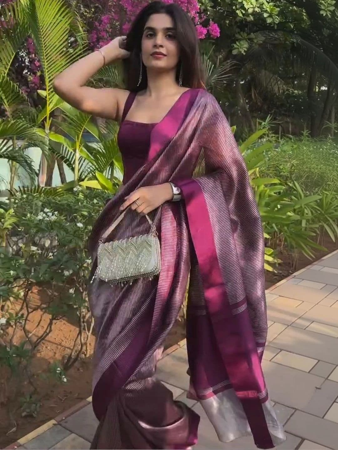 JIVUBA Striped Zari Art Silk Designer Banarasi Saree - view 1