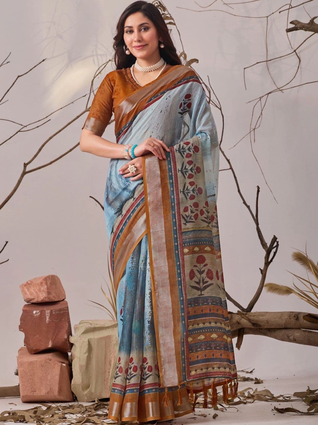 Panzora Floral Linen Blend Designer Saree - view 1