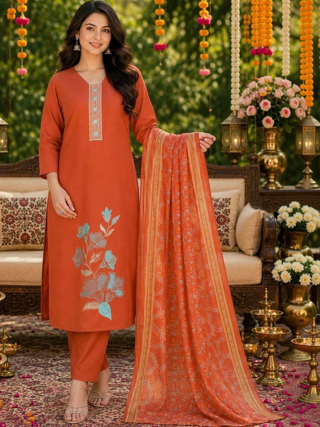 Moda Rapido Women Ethnic Motifs Embroidered Thread Work Silk Kurta with Trousers & Dupatta - view 1
