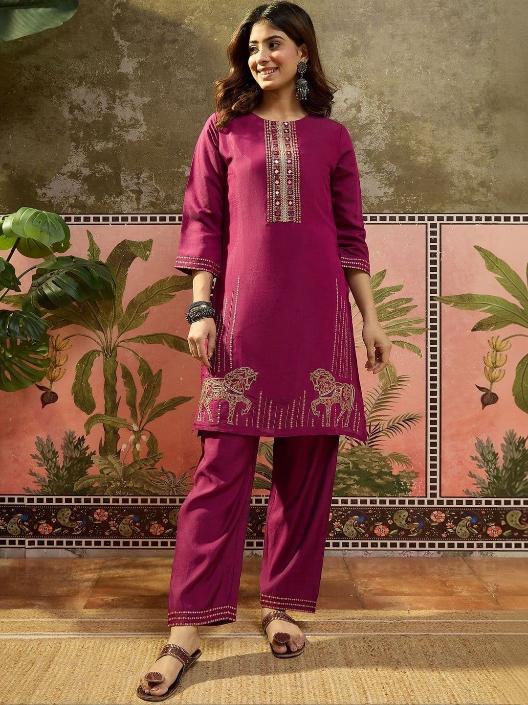 Sangria Women Embroidered Pure Silk Tunic with Trousers - view 1