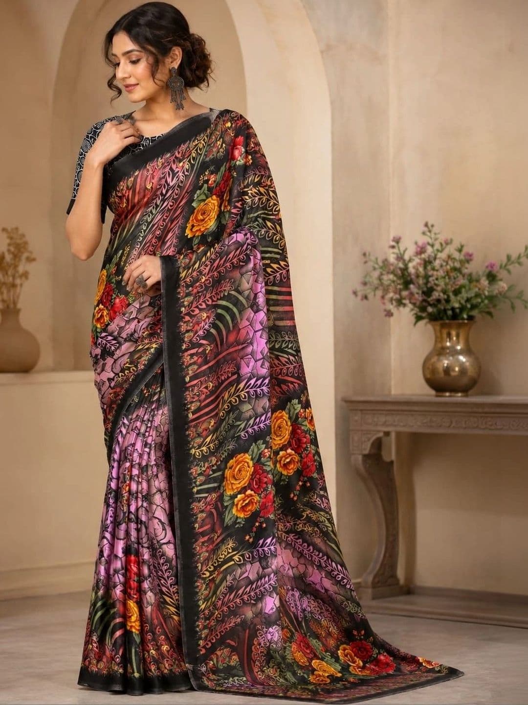 Leelavati Floral Pure Crepe Saree - view 1