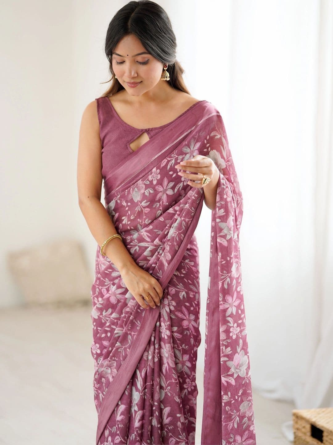 Meet Trendz Floral Satin Saree - view 1