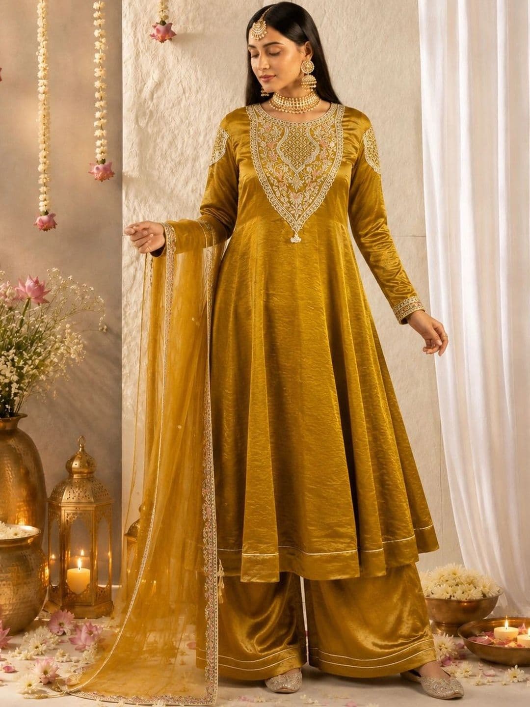 Colors of Earth Colors of Earth Women Ethnic Motifs Embroidered Empire Thread Work Pure Silk Kurta with Palazzos & With - view 1