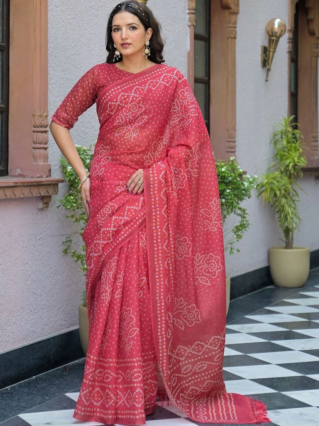 Satrani Bandhani Linen Blend Fusion Bandhani Saree - view 1