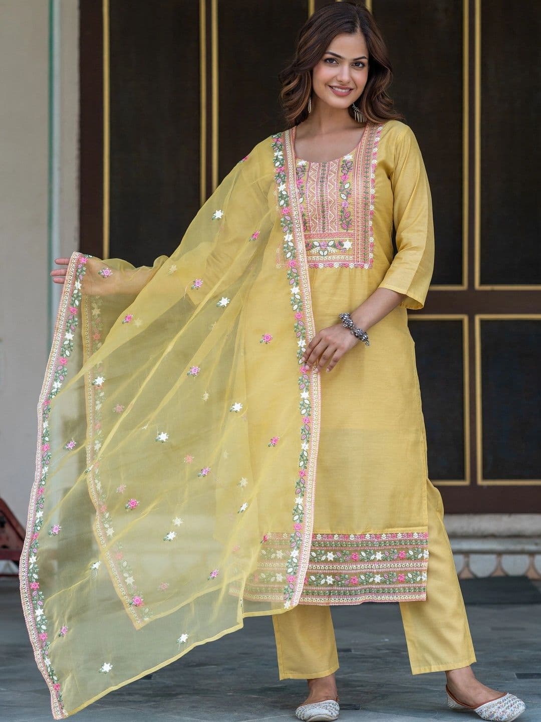 Sangria Women Ethnic Motifs Embroidered Chanderi Silk Kurta with Trousers & With Dupatta - view 1