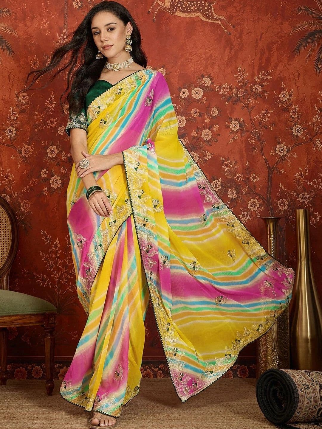 KALINI Leheriya Embroidered Pure Georgette Saree - view 1