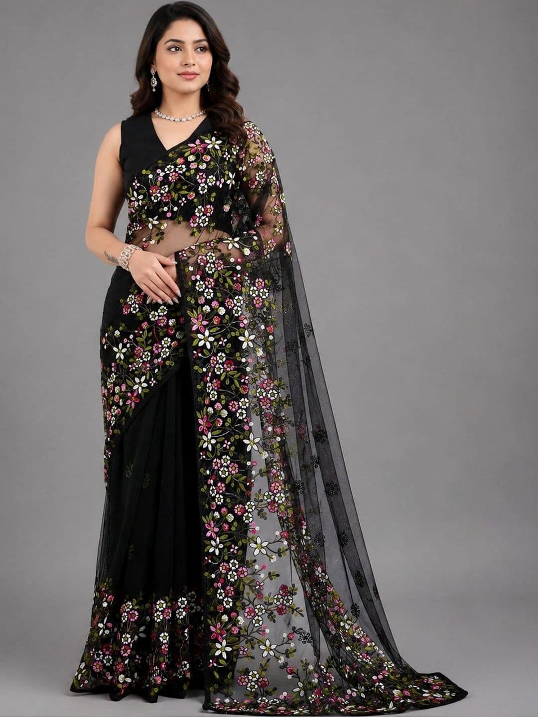 ANU CHAUHAN Embroidered Net Saree - view 1