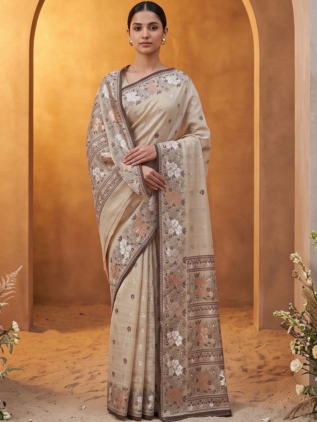 R K MANIYAR Floral Embroidered Pure Cotton Designer Saree - view 1