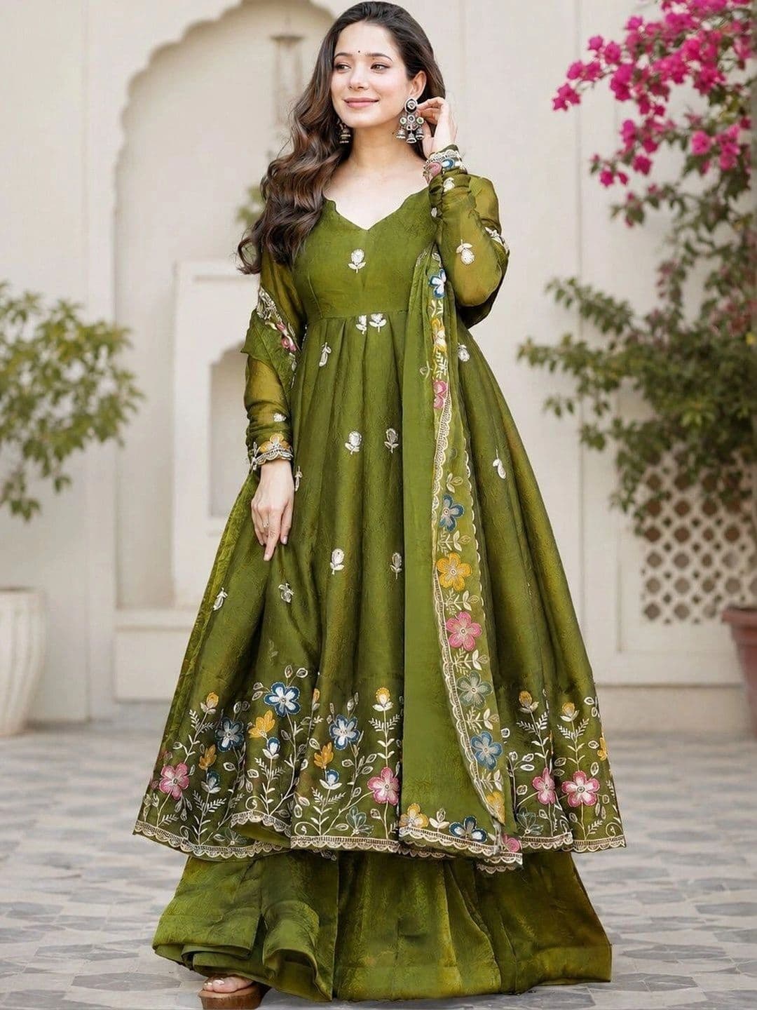 RangSetu Women Floral Embroidered Empire Thread Work Kurta with Palazzos & With Dupatta - view 1