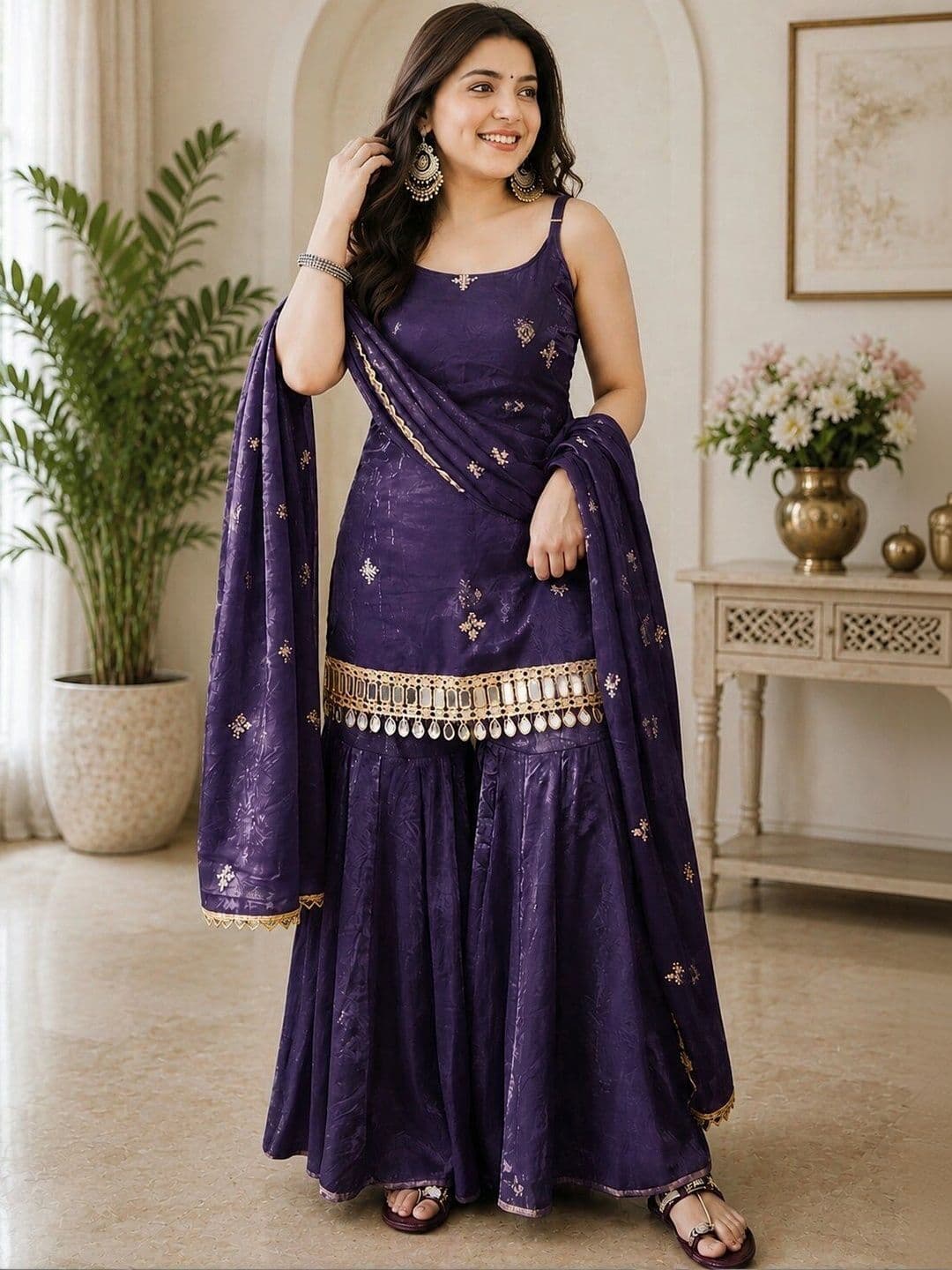 RangSetu Women Ethnic Motifs Regular Mirror Work Kurta with Sharara & With Dupatta - view 1