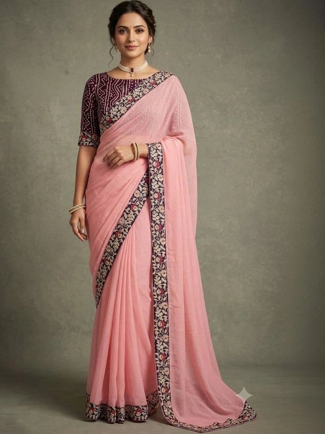 tathastufab Floral Embroidered Poly Chiffon Designer Saree - view 1