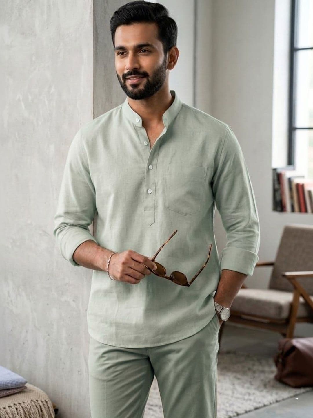 US MORATIO AMERICA Mandarin Collar Long Sleeves Pure Cotton Straight Kurta - view 1
