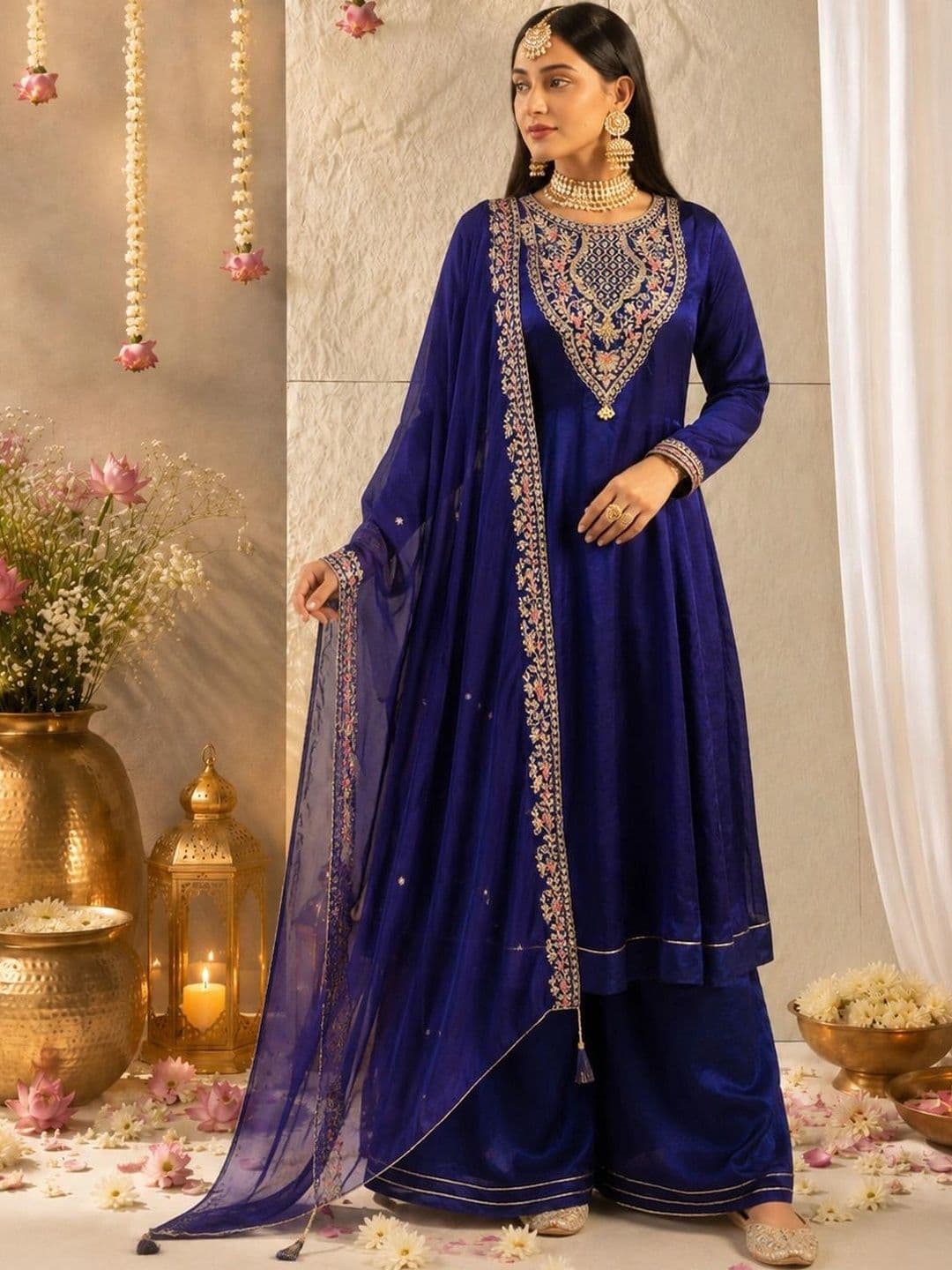 Colors of Earth Colors of Earth Women Embroidered Regular Thread Work Pure Silk Kurta with Palazzos & With Dupatta - view 1