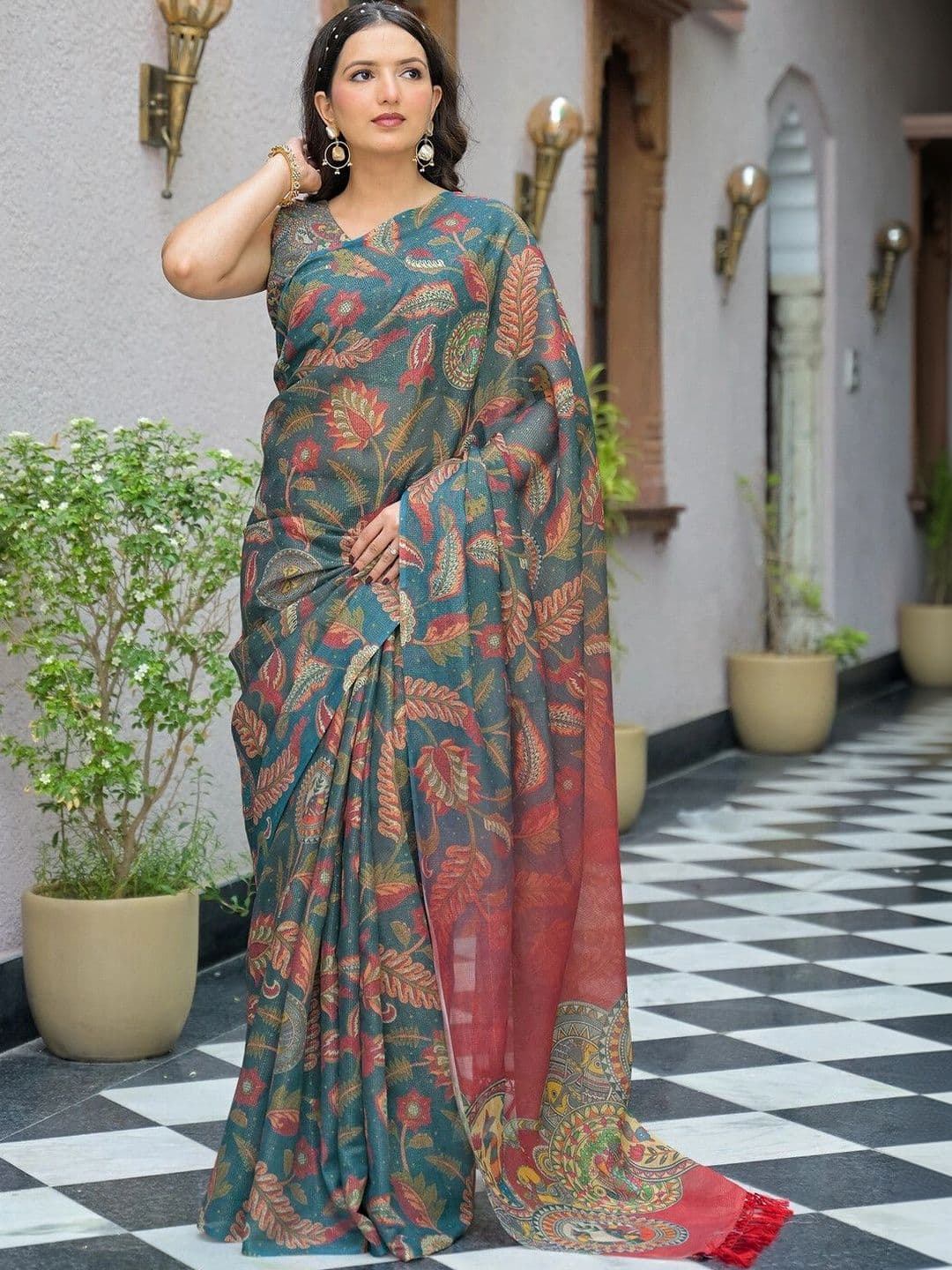 Satrani Ethnic Motifs Linen Blend Fusion Saree - view 1
