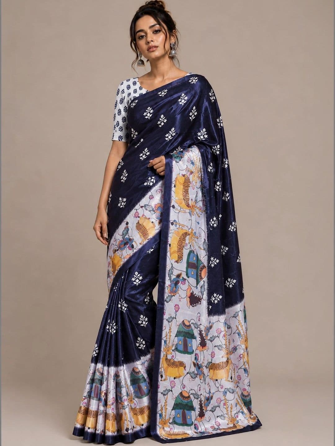 Jihana Fab Kalamkari Satin Banarasi Saree - view 1