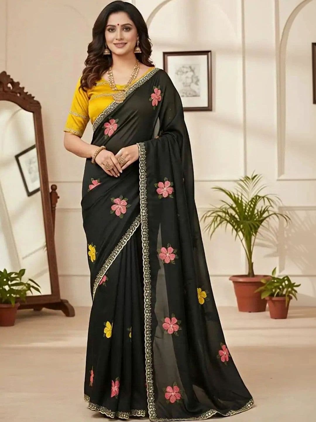 Meet Trendz Embroidered Pure Georgette Saree - view 1