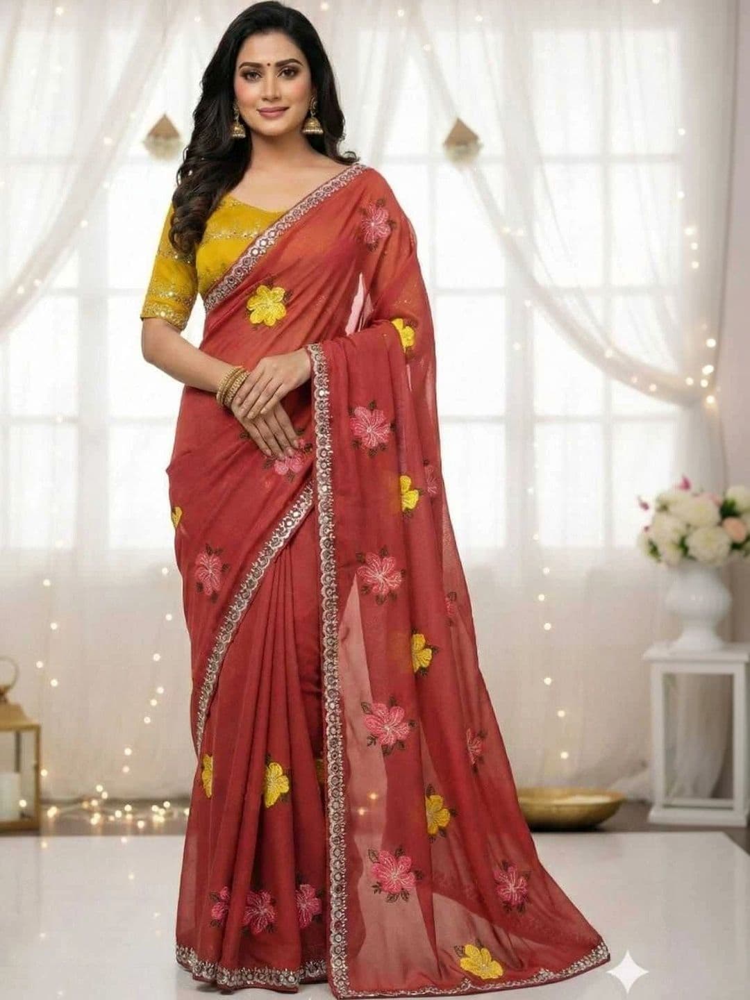 Meet Trendz Floral Embroidered Pure Georgette Saree - view 1