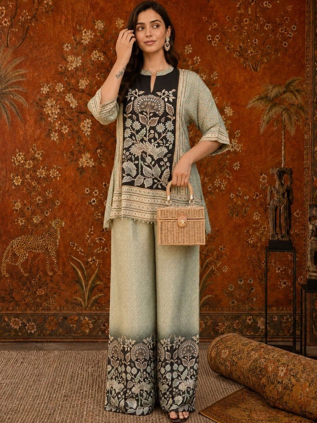 Sangria Women Floral Printed Regular Kurti with Palazzos - view 1