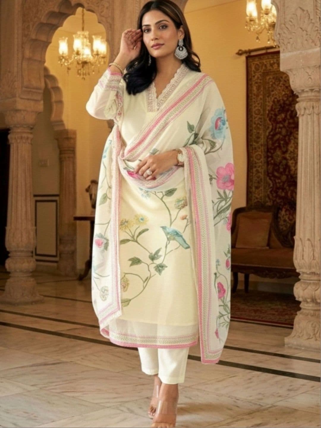HERE&NOW Women Floral Printed Regular Kurta with Trousers & With Dupatta - view 1