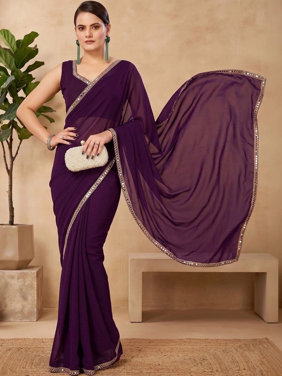 FABMORA Embellished Pure Georgette Saree - view 1
