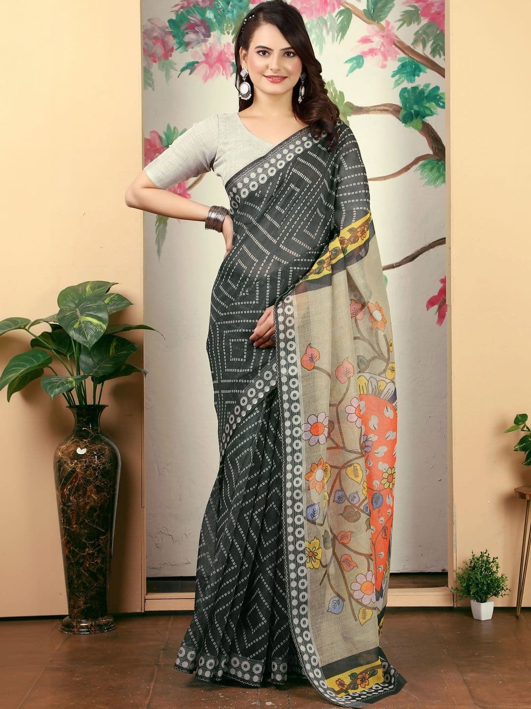 KALINI Floral Zari Pure Linen Fusion Saree - view 1