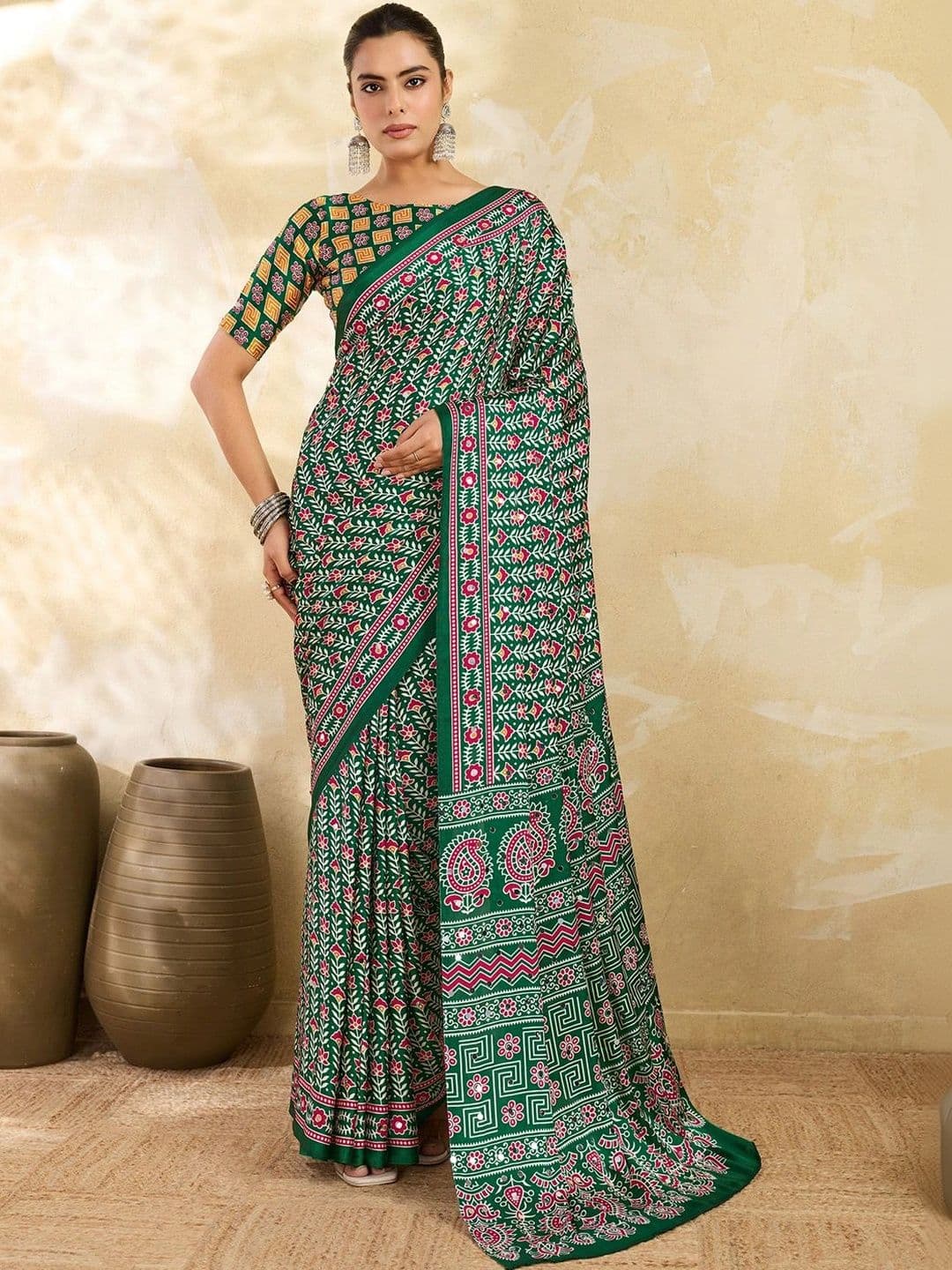 Sangria Paisley Mirror Work Satin Designer Block Print Saree - view 1