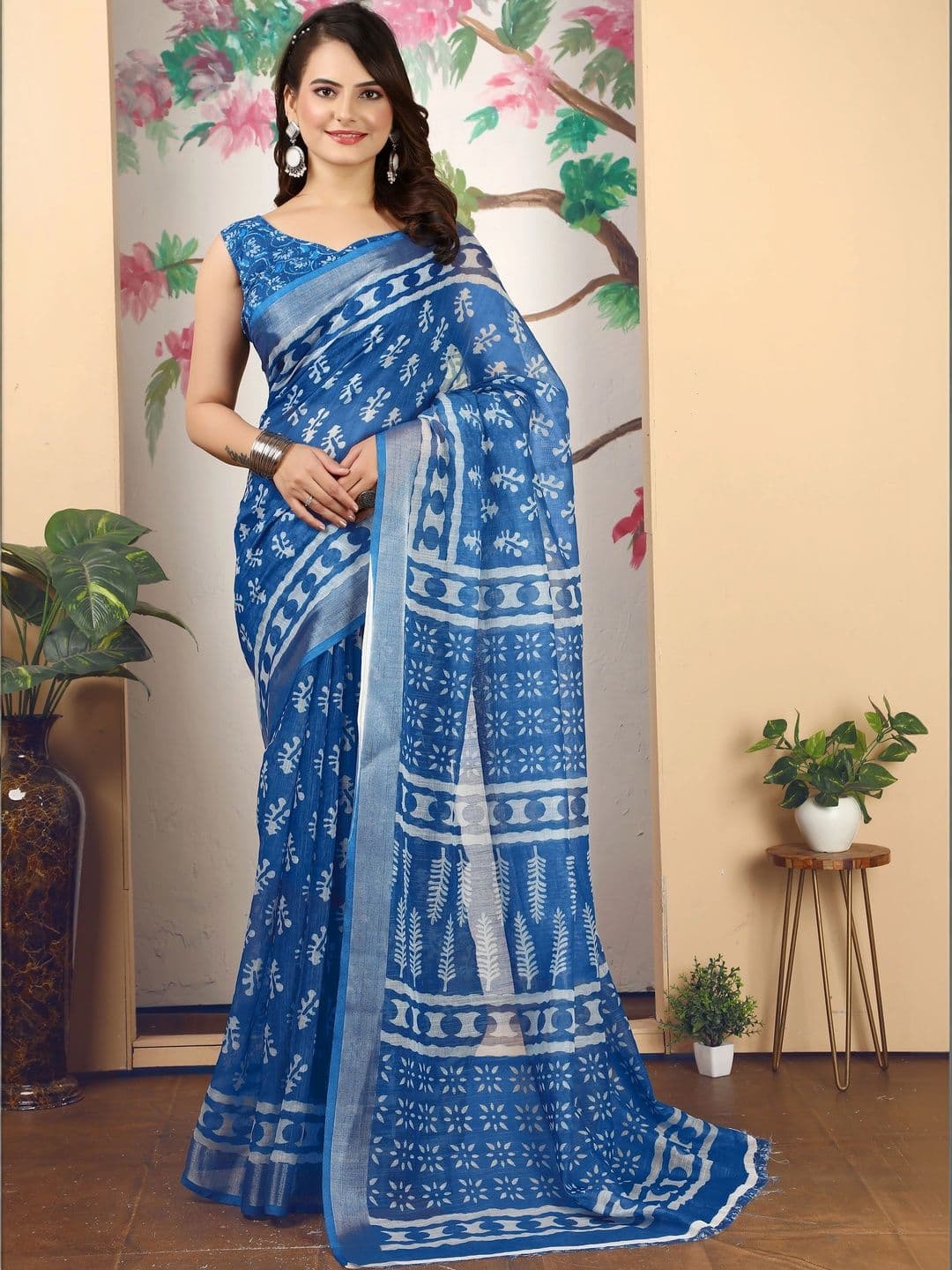 KALINI Floral Zari Pure Linen Fusion Saree - view 1