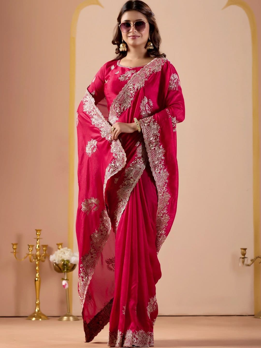 CELEUM Ethnic Motifs Embroidered Supernet Saree - view 1
