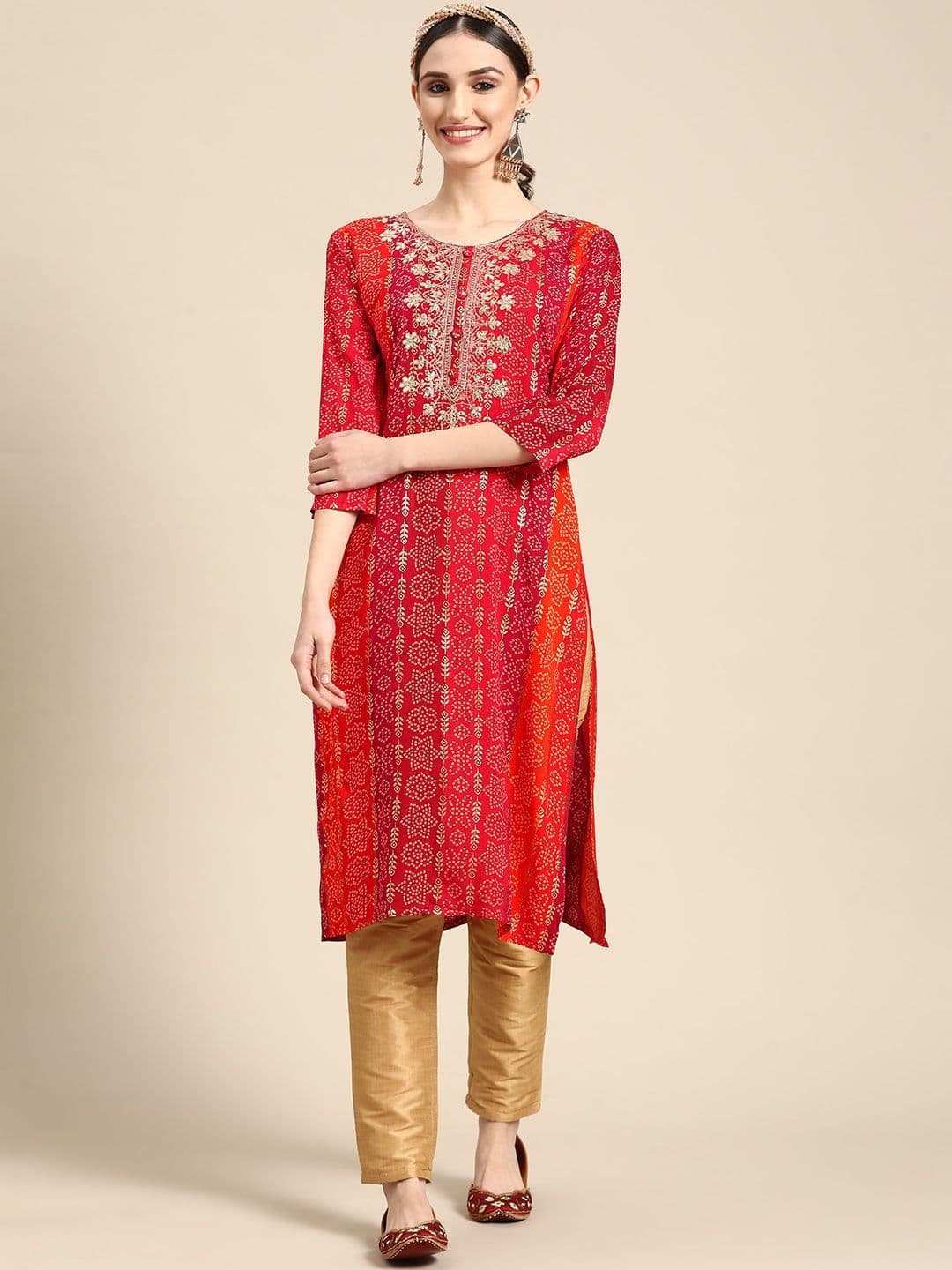 Sangria Women Red Bandhani Embroidered Thread Work Kurta - view 1