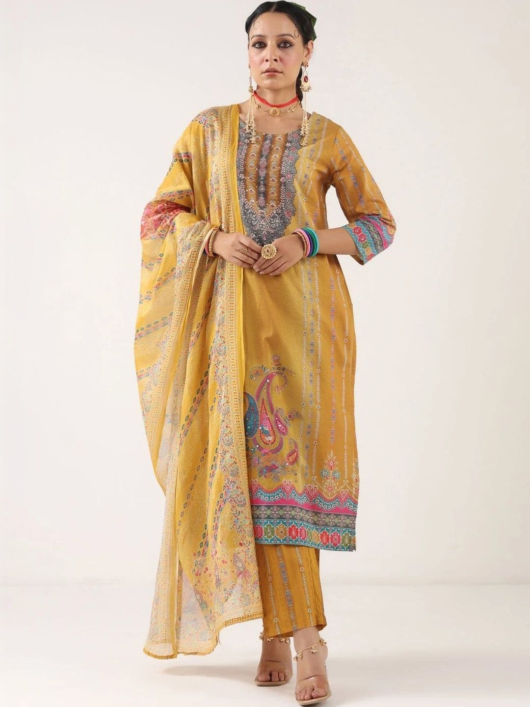 SOURAGYA Women Ethnic Motifs Printed Regular Pure Cotton Kurta with Trousers & With Dupatta - view 1