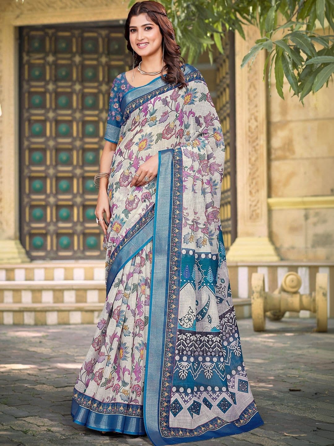 KALINI Floral Zari Pure Linen Fusion Saree - view 1