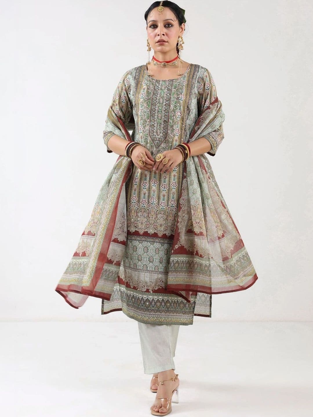 SOURAGYA Women Ethnic Motifs Printed Regular Pure Cotton Kurta with Trousers & With Dupatta - view 1