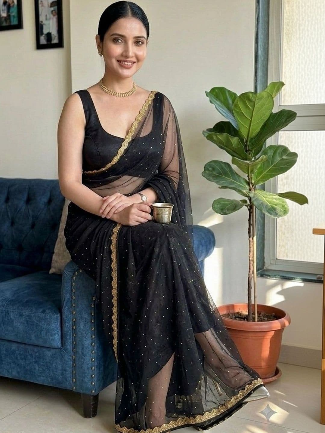 Akshmi Creation Embellished Supernet Saree - view 1