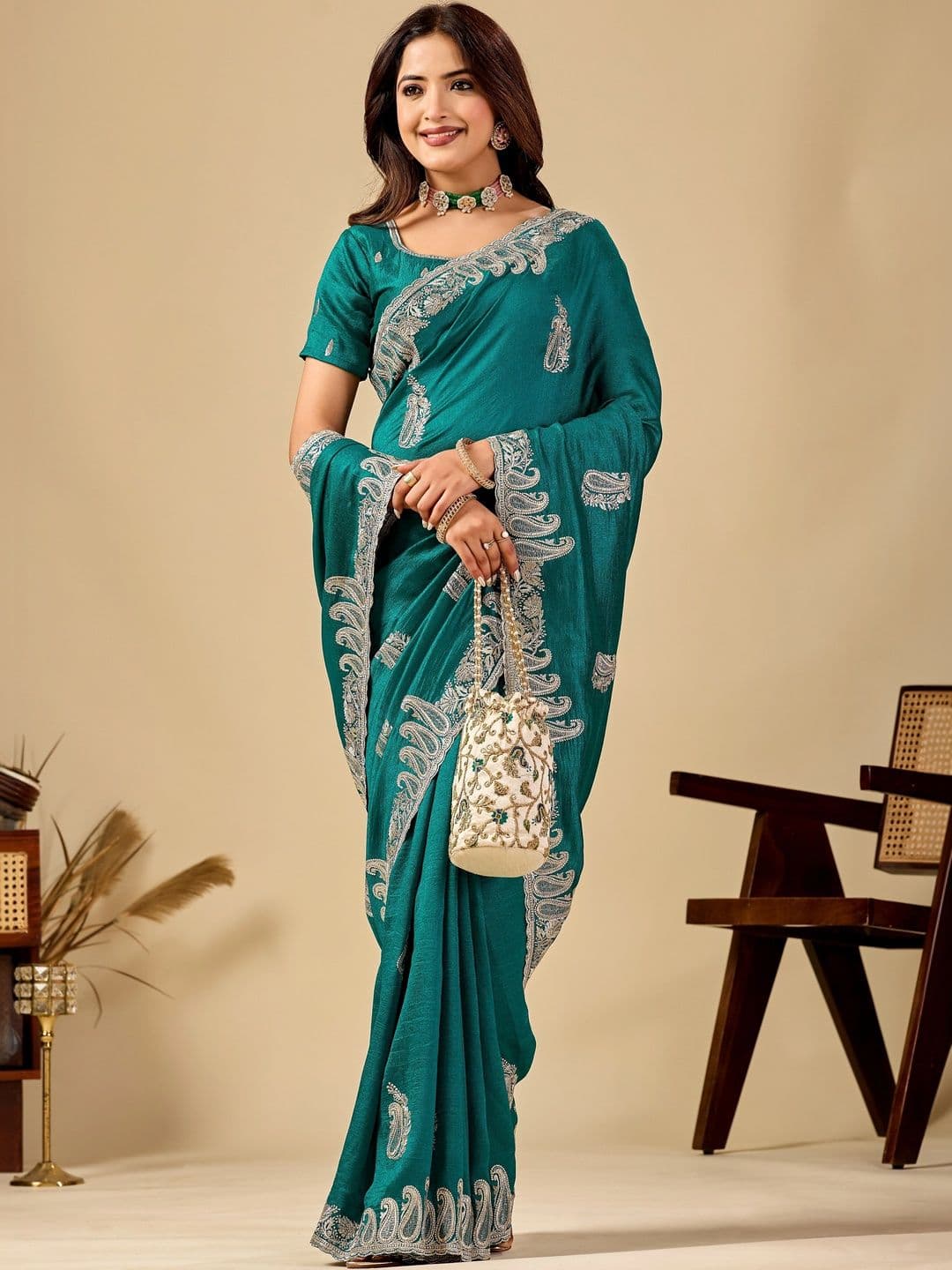 CELEUM Embellished Embroidered Supernet Saree - view 1