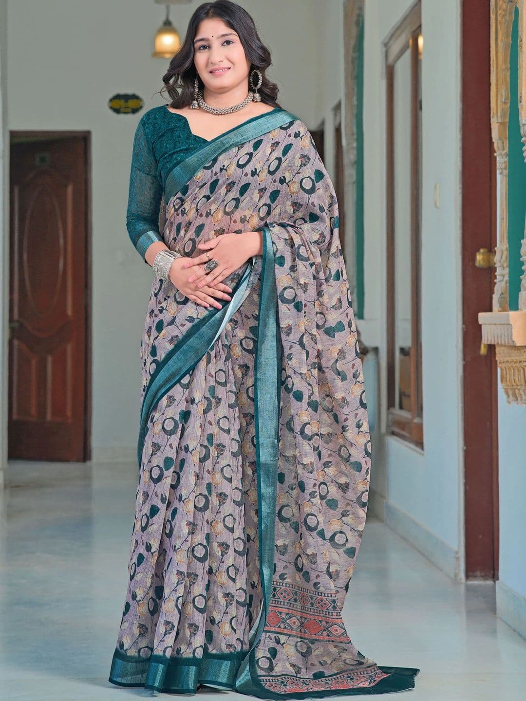 KALINI Floral Zari Pure Linen Fusion Saree - view 1