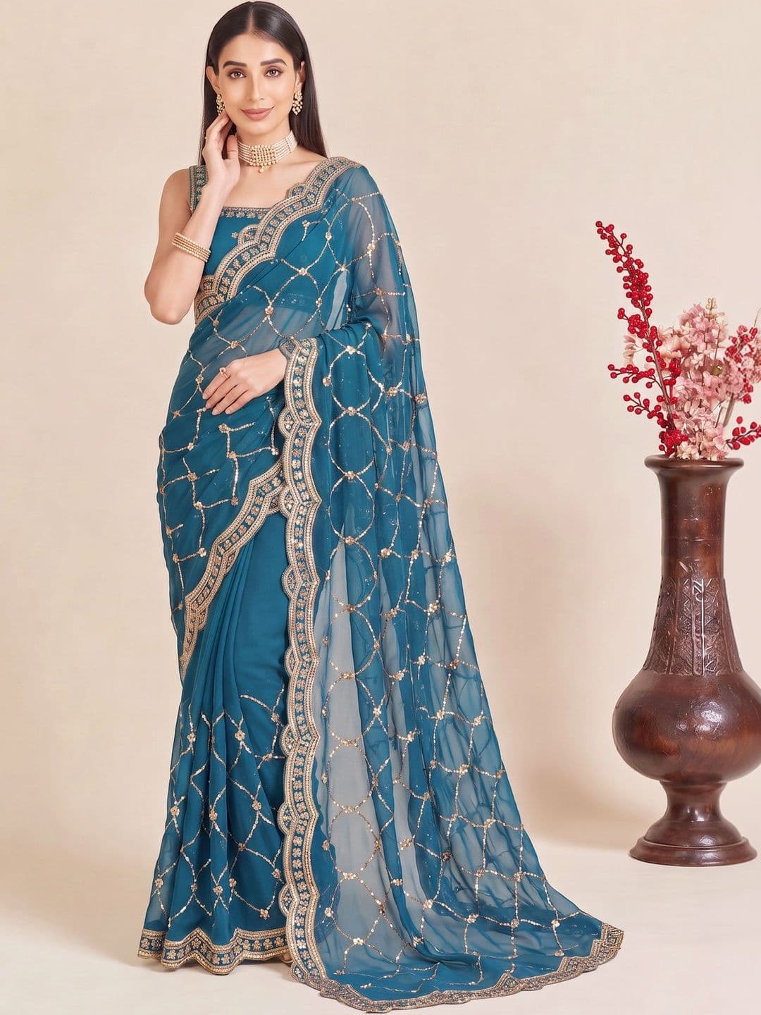 Anouk Sequinned Poly Georgette Designer Saree - view 1