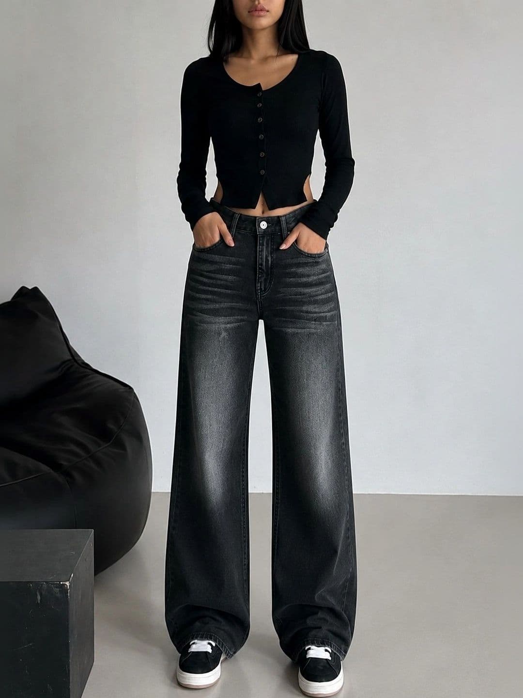 KIYANA IMITATION Women Comfort Wide Leg High-Rise Low Distress Jeans - view 1