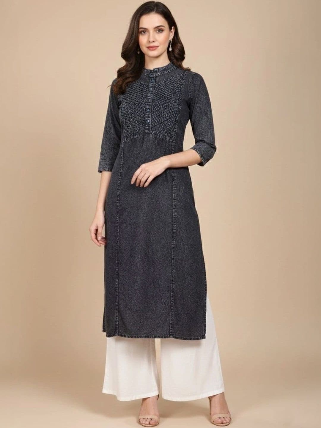 KALINI Mandarin Collar Neck Denim Straight Kurta - view 1