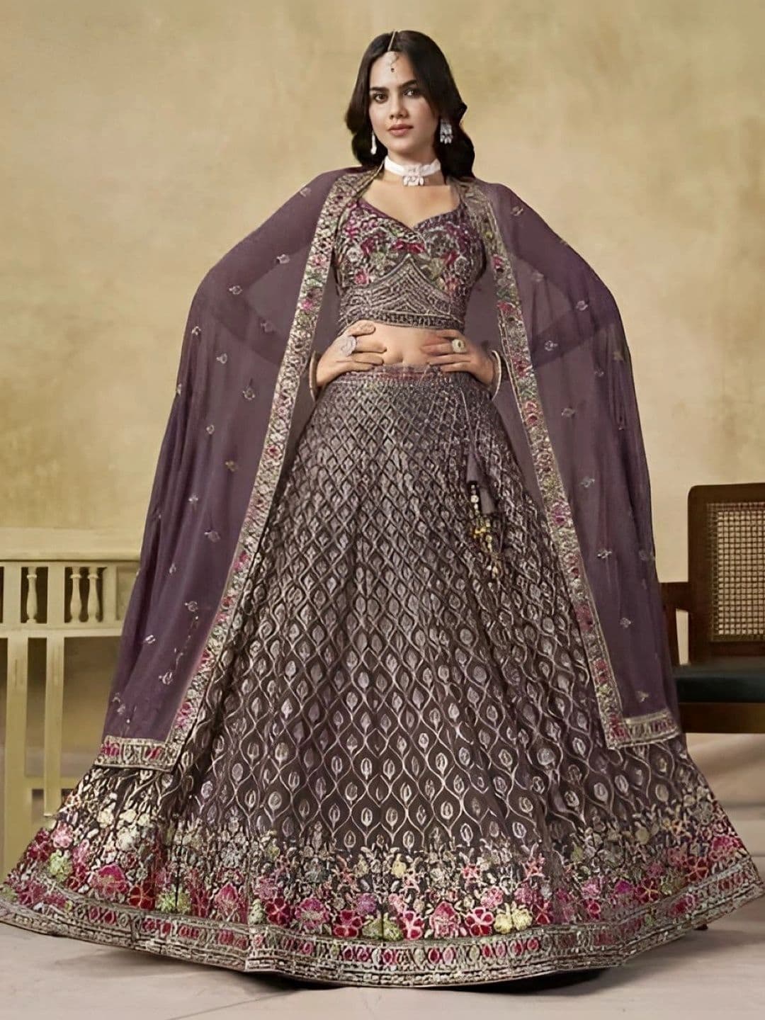 House of Pataudi Embellished Thread Work Semi-Stitched Lehenga & Unstitched Blouse Taping - view 1