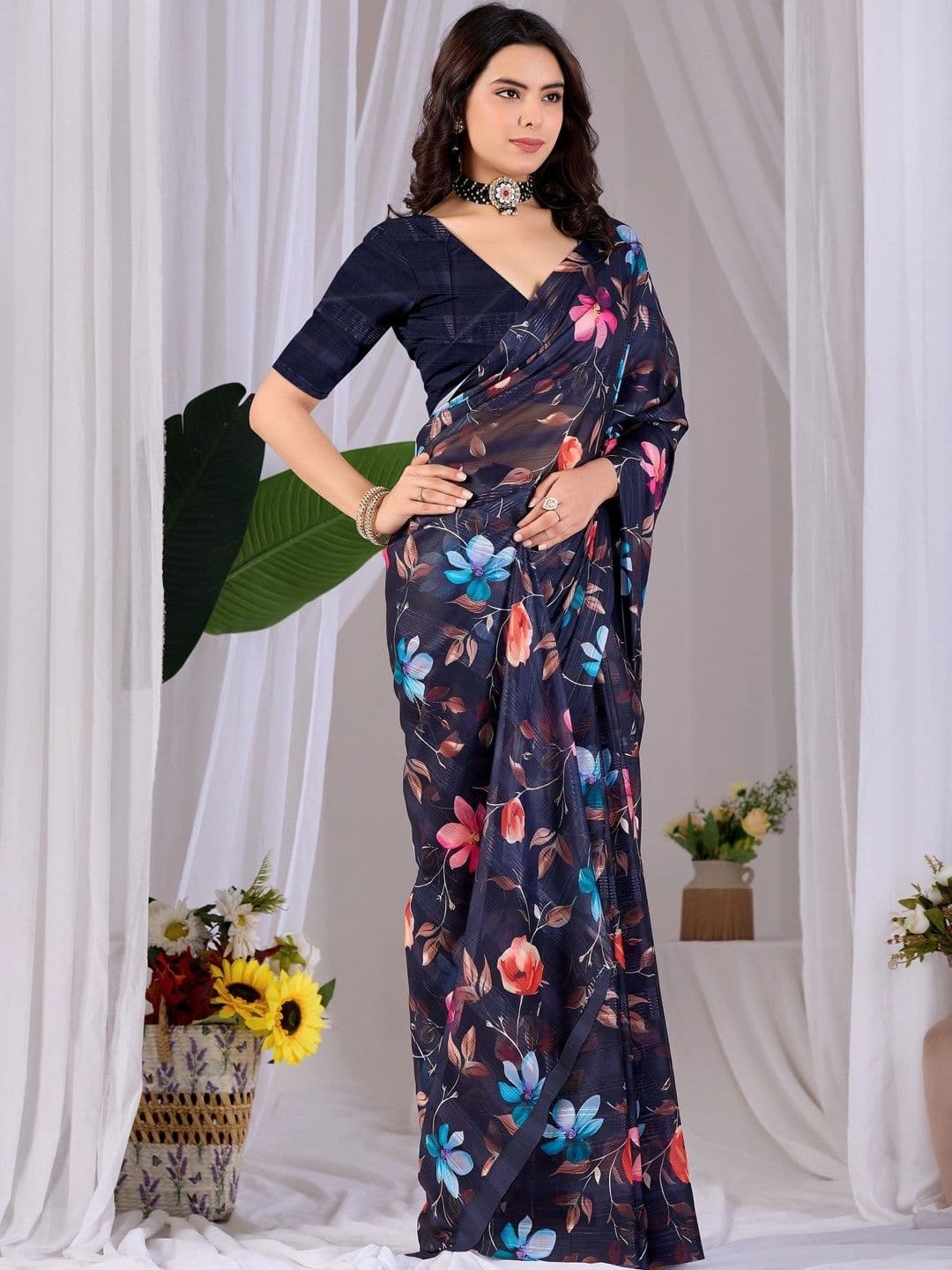Mitera Floral Poly Georgette Designer Saree - view 1