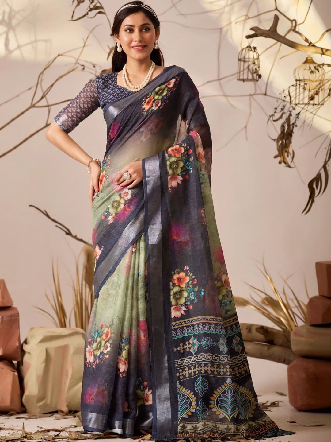 Mitera Floral Zari Linen Blend Designer Patola Saree - view 1