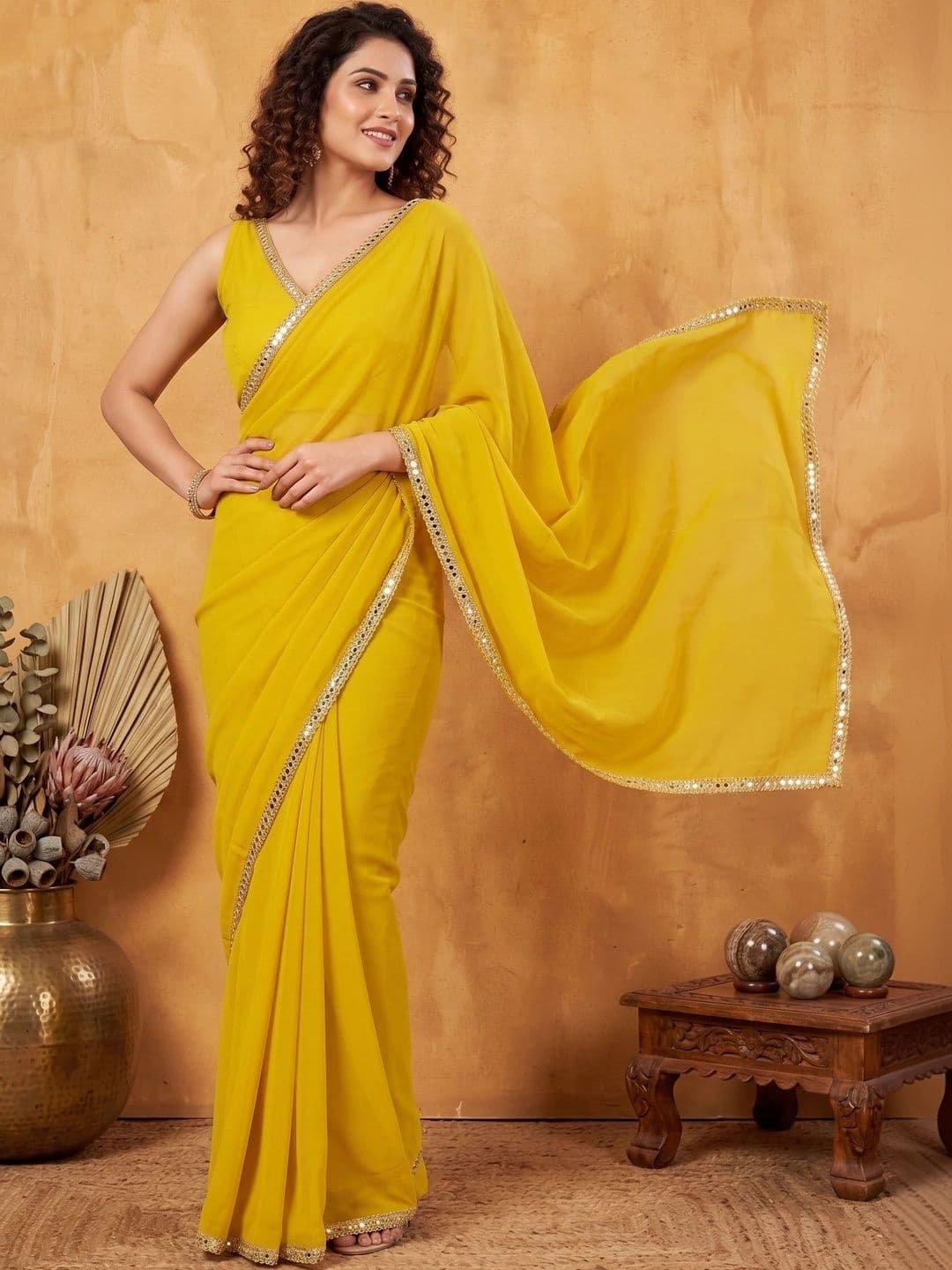 FABMORA Embellished Mirror Work Pure Georgette Saree - view 1