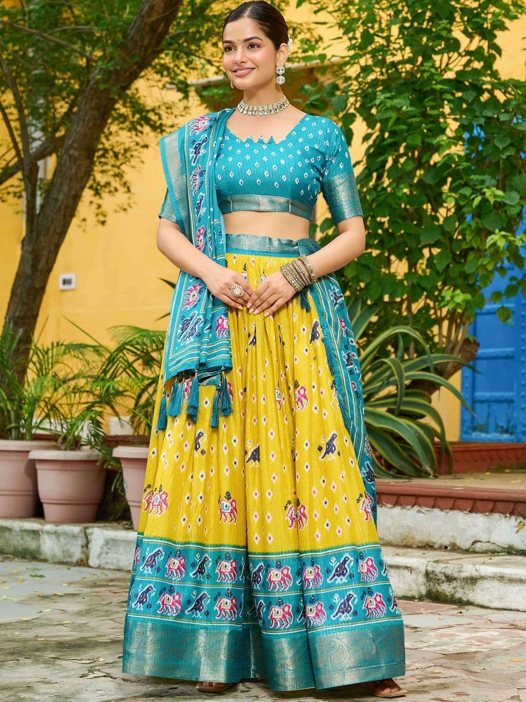 Shringar House Printed Ikat Semi-Stitched Lehenga & Unstitched Blouse - view 1