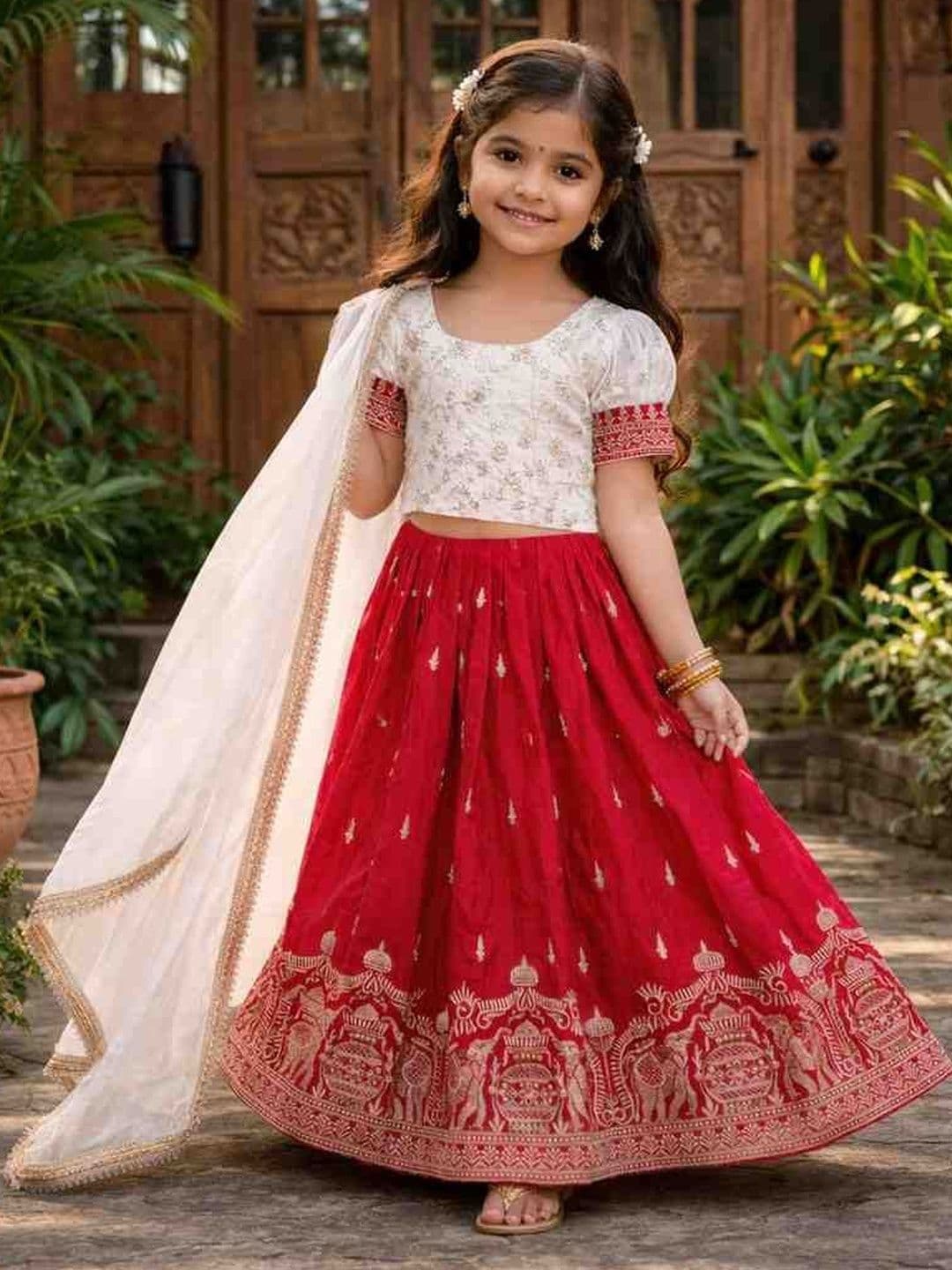 KALINI Girls Embroidered Thread Work Ready to Wear Lehenga & Blouse With Dupatta - view 1