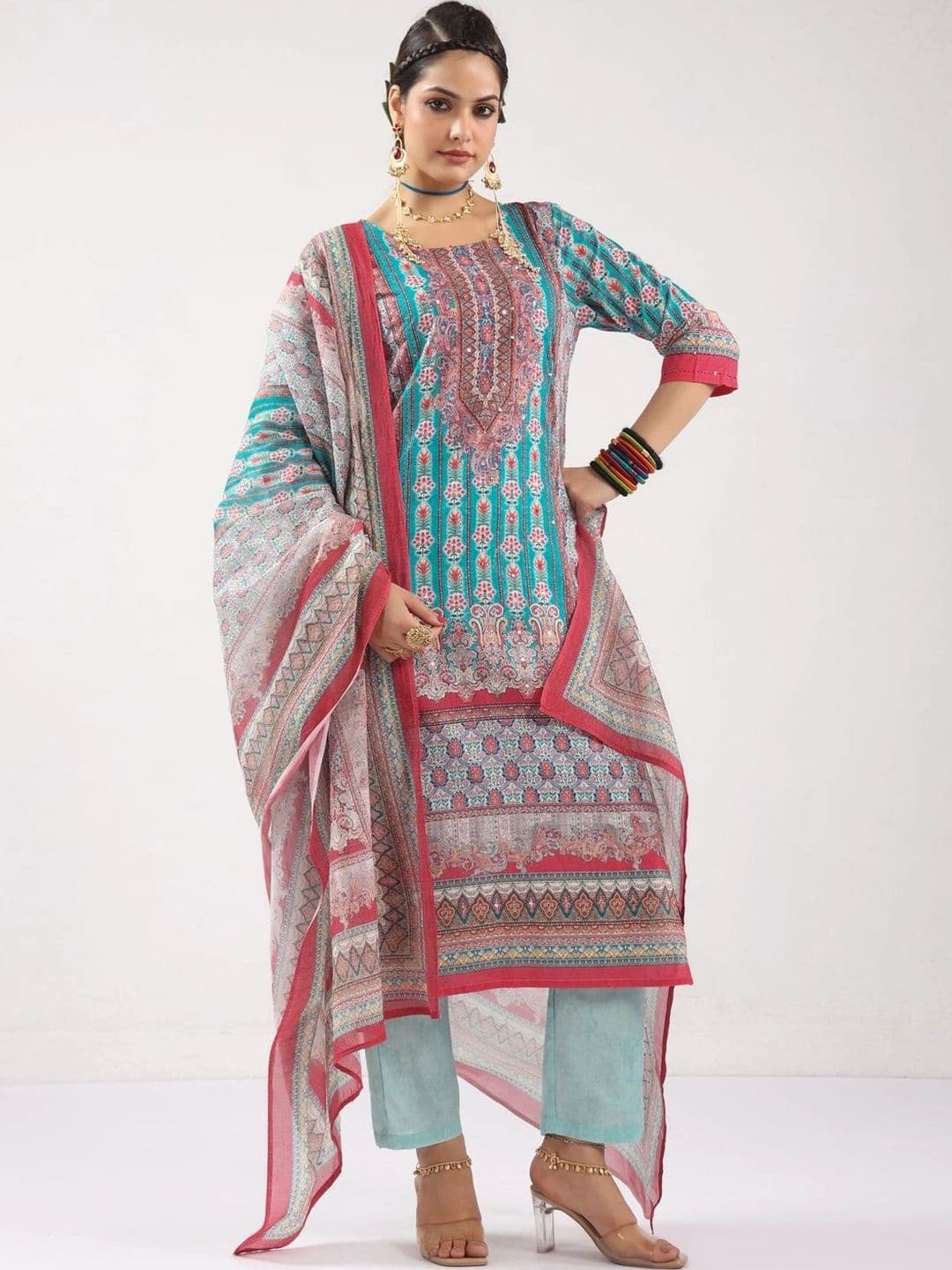 SOURAGYA Women Ethnic Motifs Printed Regular Pure Cotton Kurta with Trousers & With Dupatta - view 1