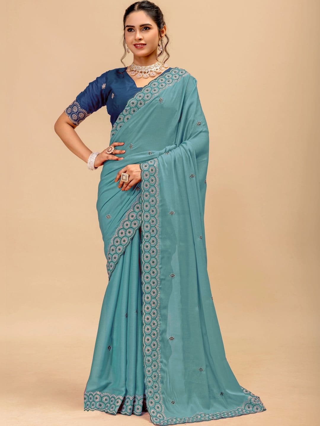 Vastra Drape Embellished Embroidered Poly Georgette Saree - view 1