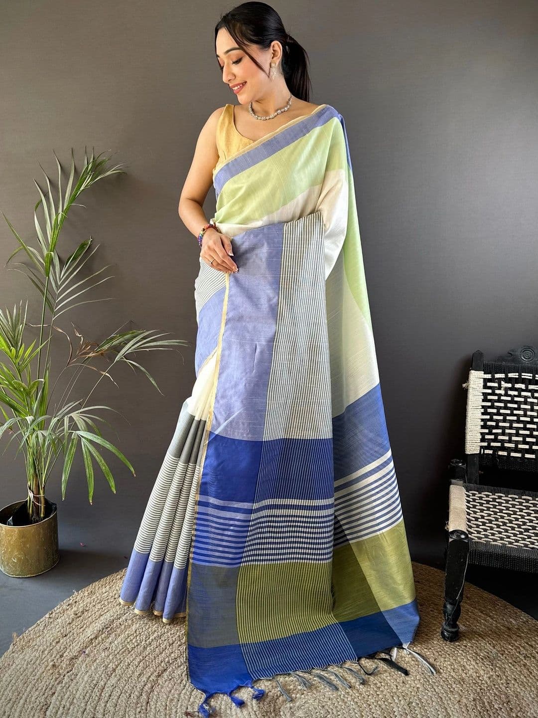 Mitera Striped Zari Silk Cotton Designer Khadi Saree - view 1