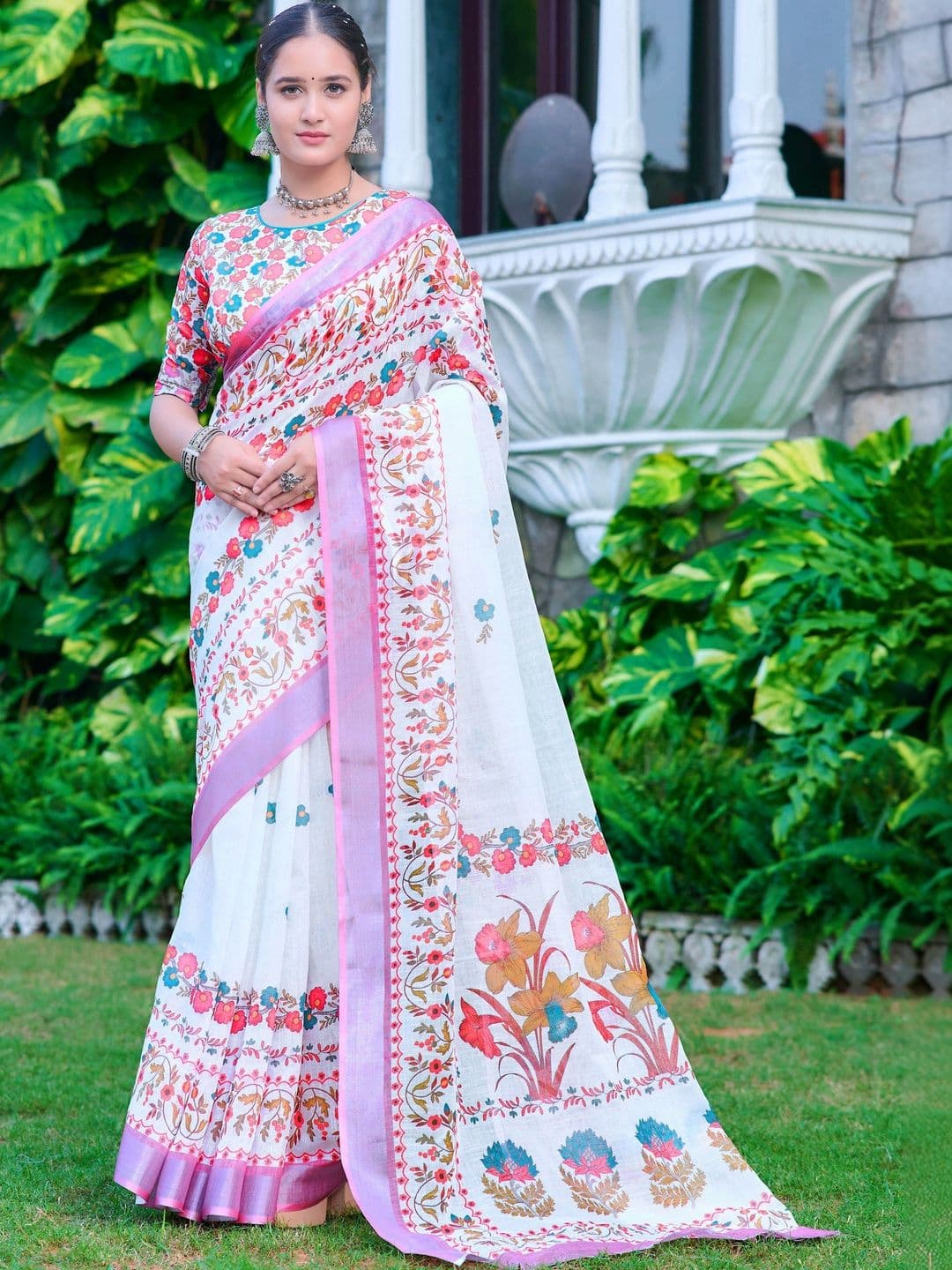 KALINI Floral Zari Pure Linen Fusion Saree - view 1
